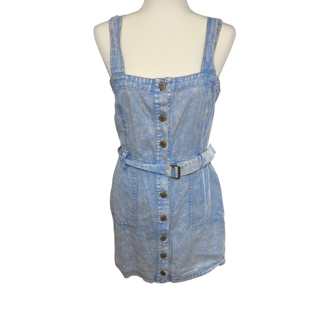 Hurley Denim‎ Mini Dress Light Wash Acid Blue Button Front Belted Womens M FLAW